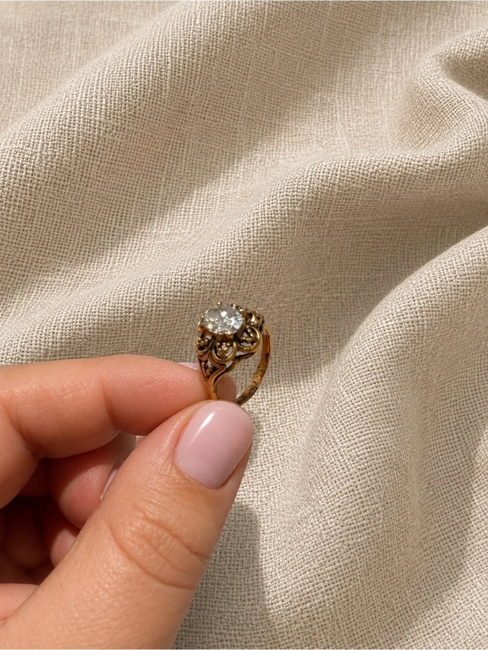 Antique Victorian 14K GE ESPO Gold Ring Oval Stone Floral Size 5.5